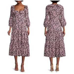 NWOT Likely Bella Floral Ruffle Neckline Midi Dress Boho Pink Black Sz 0